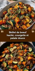 Skillet de boeuf haché avec courgette et patate douce dans une poêle.
