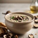 Bowl of creamy mushroom soup with garnished mushrooms and a sprinkle of herbs