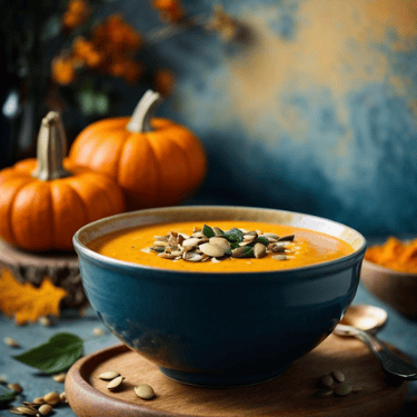 Creamy pumpkin soup garnished with pumpkin seeds in a blue bowl on wooden table.