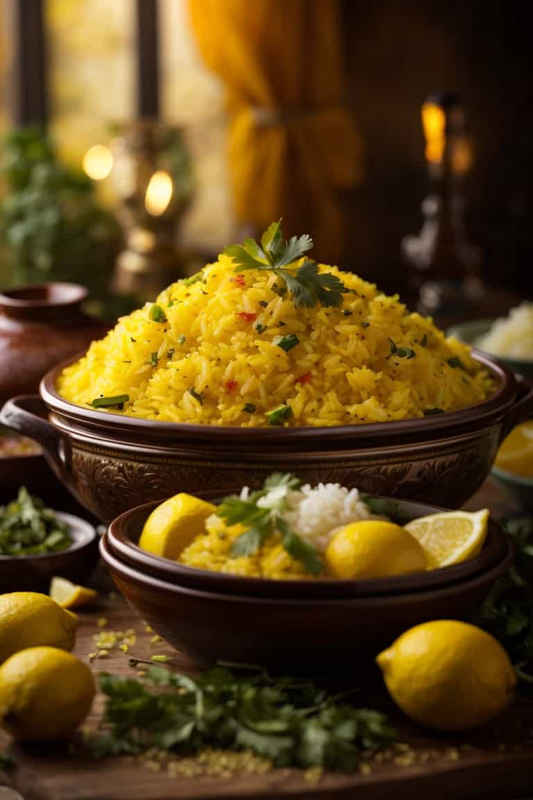 Steamed yellow rice garnished with herbs in a rustic bowl for Indian or Middle Eastern cuisine.