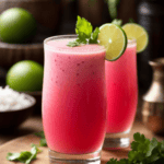 Creamy pink lime cilantro smoothie in tall glass with lime garnish, fresh herbs, and blurred background of limes.