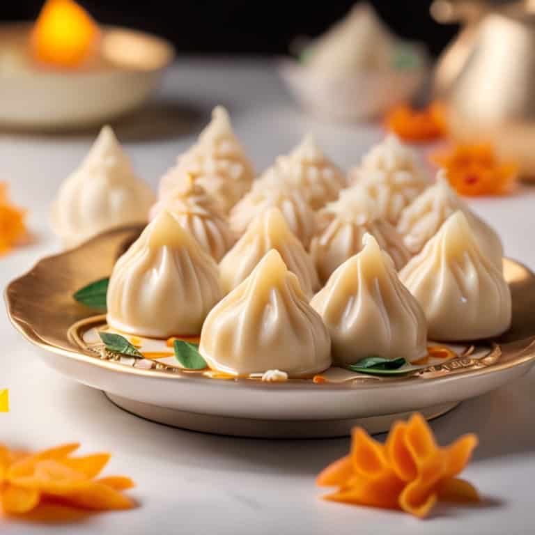 Ukadiche Modak arranged in a steamer basket, showing pleated tops