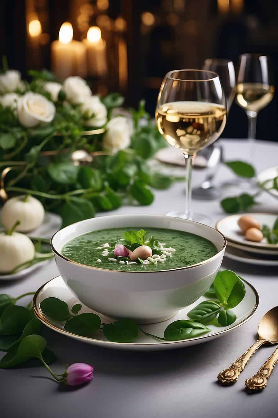 Bowl of creamy palak soup garnished with a swirl of cream. 