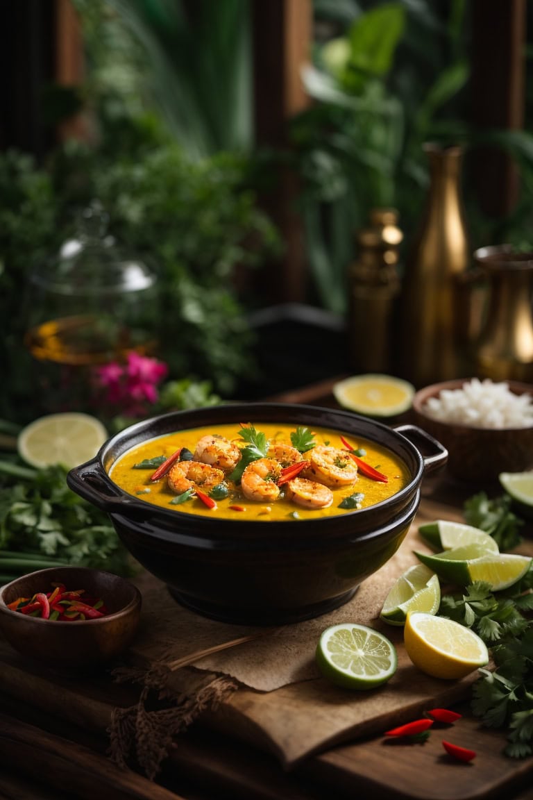 Kerala Prawn Curry in a bowl garnished with curry leaves