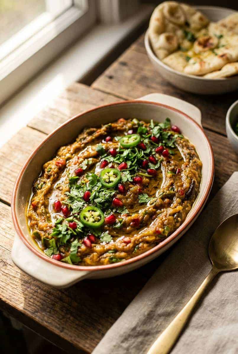 Baingan Bharta recipe - delicious homemade dish beautifully plated and garnished