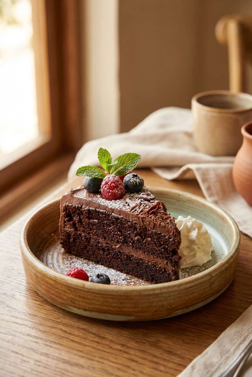 Eggless Chocolate Cake recipe - delicious homemade dish beautifully plated and garnished