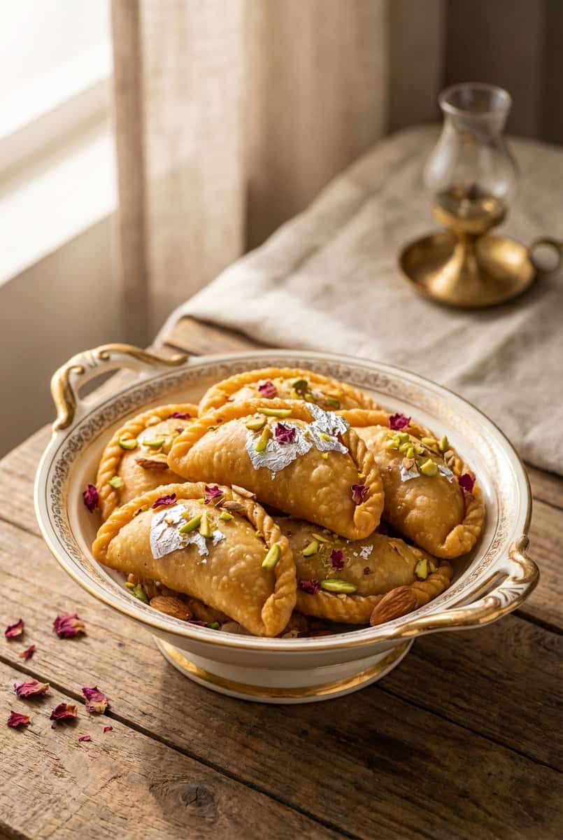 Gujiya for Diwali recipe - delicious homemade dish beautifully plated and garnished