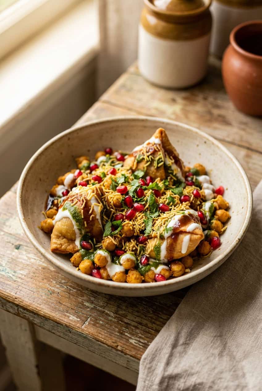 Delicious Samosa Chaat beautifully plated and garnished, ready to serve