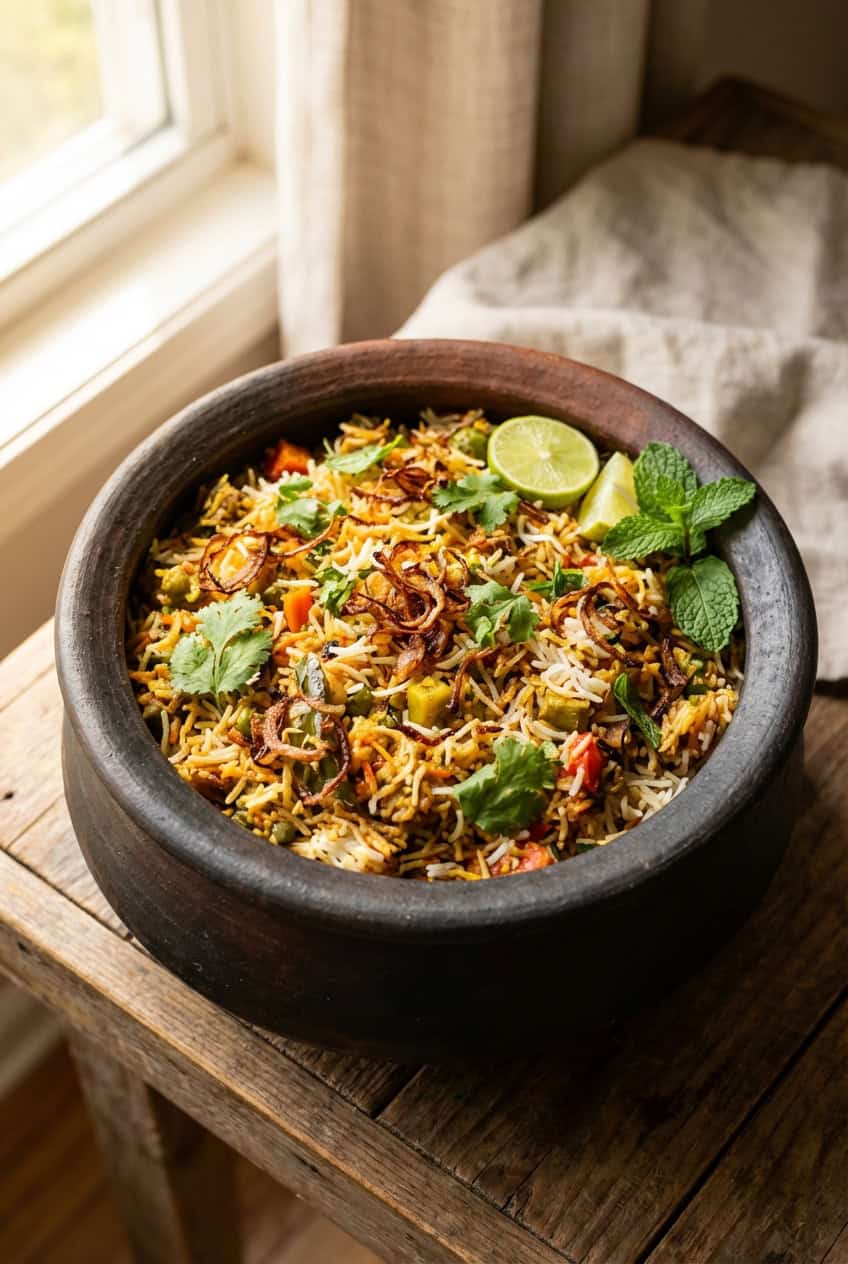 Vegetable Biryani recipe - delicious homemade dish beautifully plated and garnished