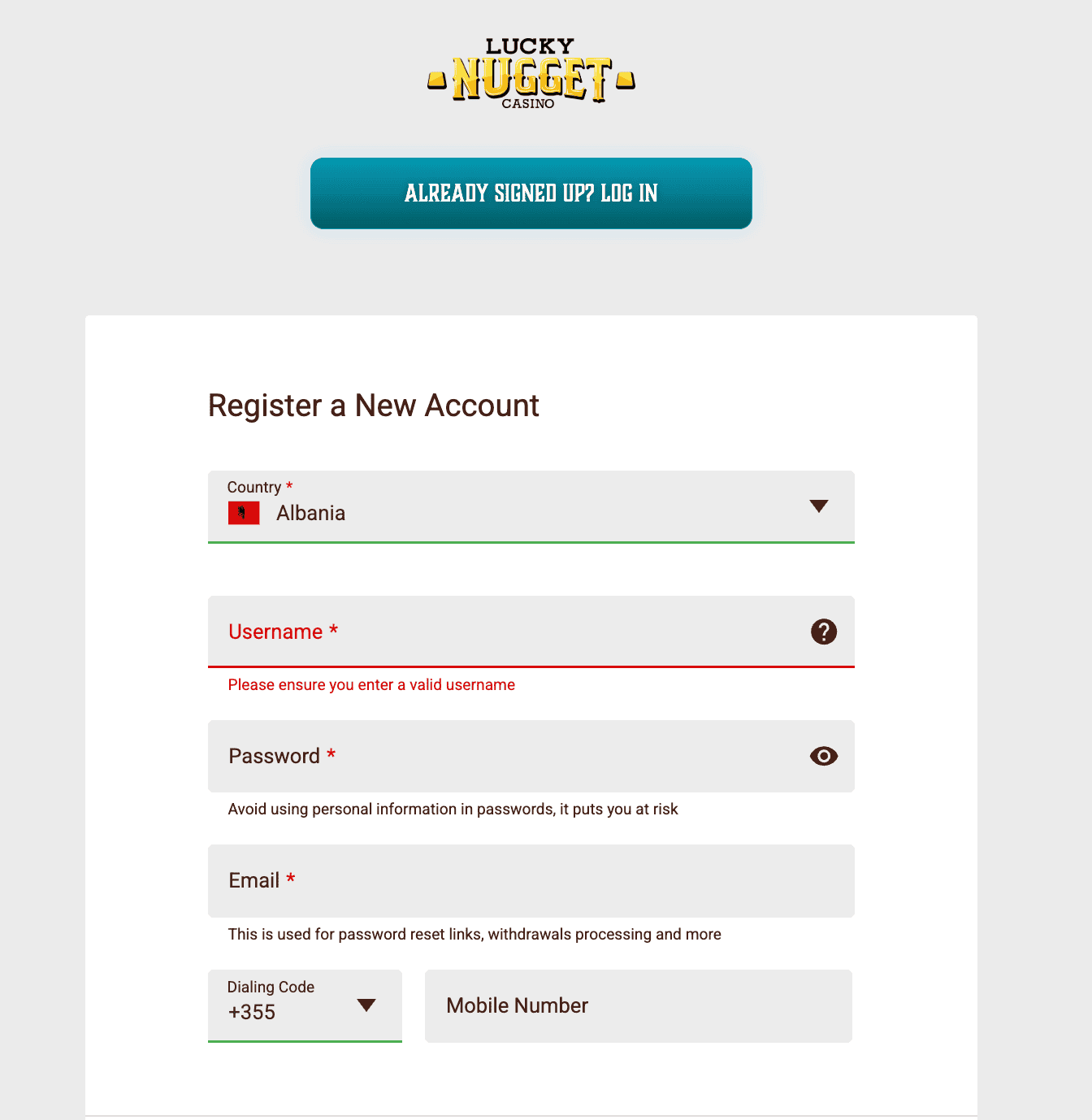 Casino registration form for users.