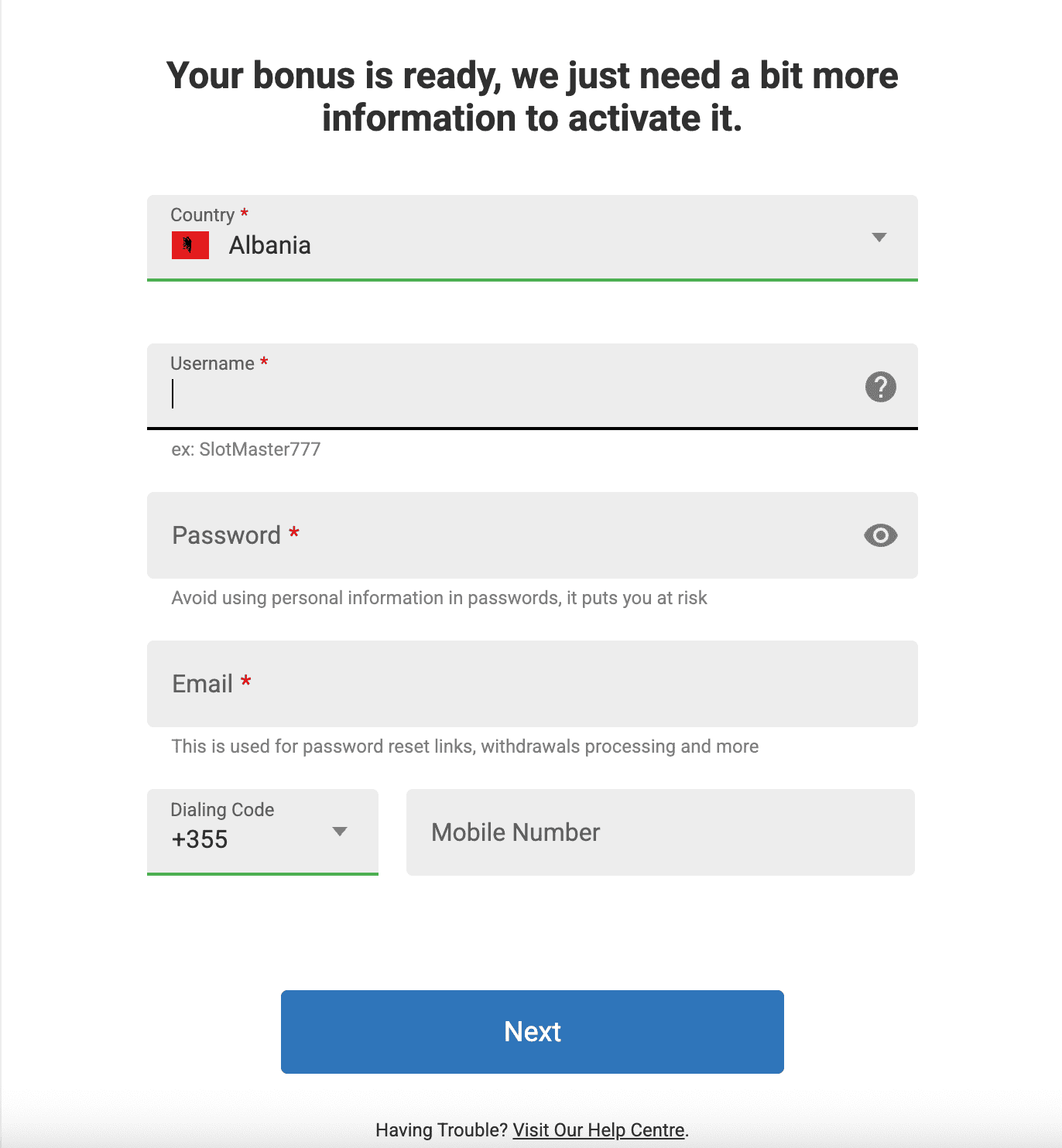 Casino registration form for users.