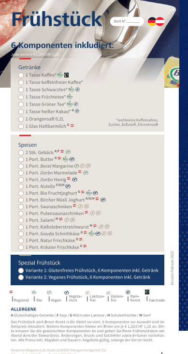 Nightjet Frühstückskarte