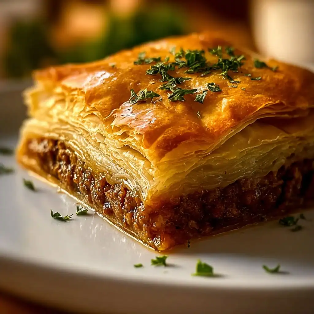 Delicious Greek phyllo meat pie with spiced meat filling and golden flaky crust