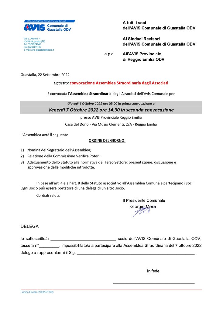Assemblea Straordinaria 2022 Avis Guastalla
