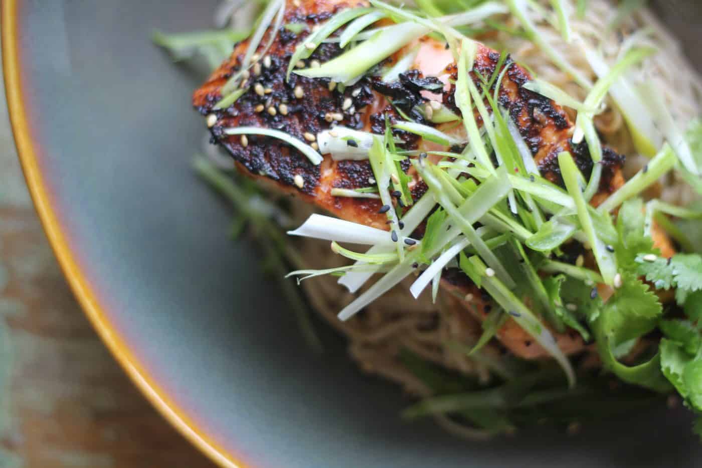miso glazed salmon and soba noodle bowl