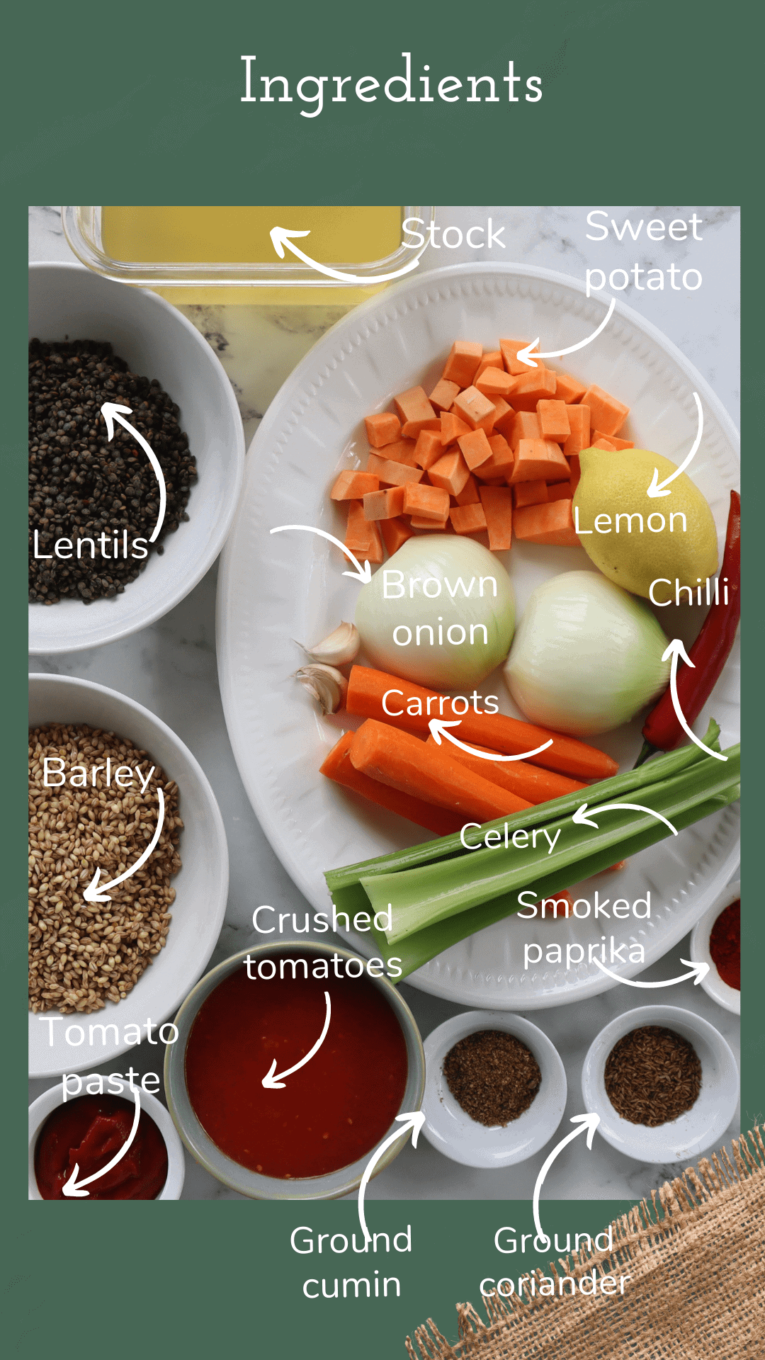 Ingredients for Lentil, Barley and lemon soup
