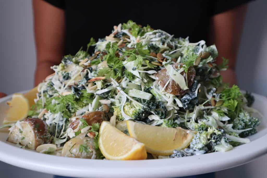 A very good looking potato salad with loaded greens & kimchi