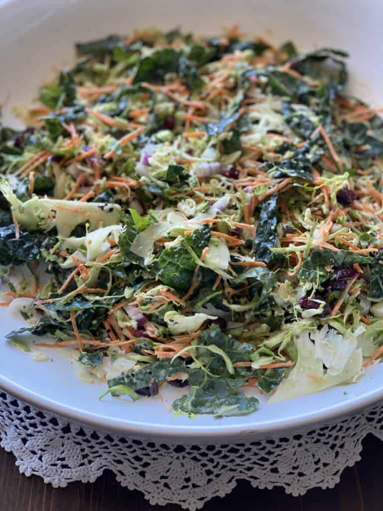 Shaved Brocolli and Brussels sprout salad with creamy tahini dressing