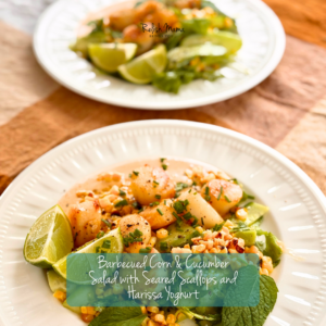 Barbecued Corn & Cucumber Salad with Seared Scallops and Harissa Yoghurt