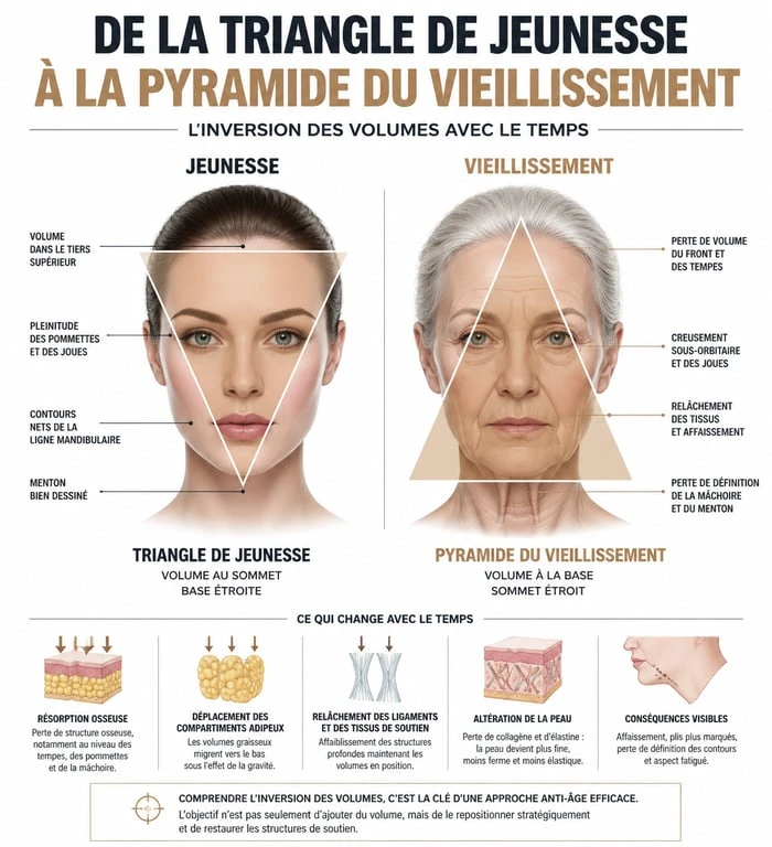 Infographie illustrant le vieillissement de l'ovale du visage et la pyramide du vieillissement avant après