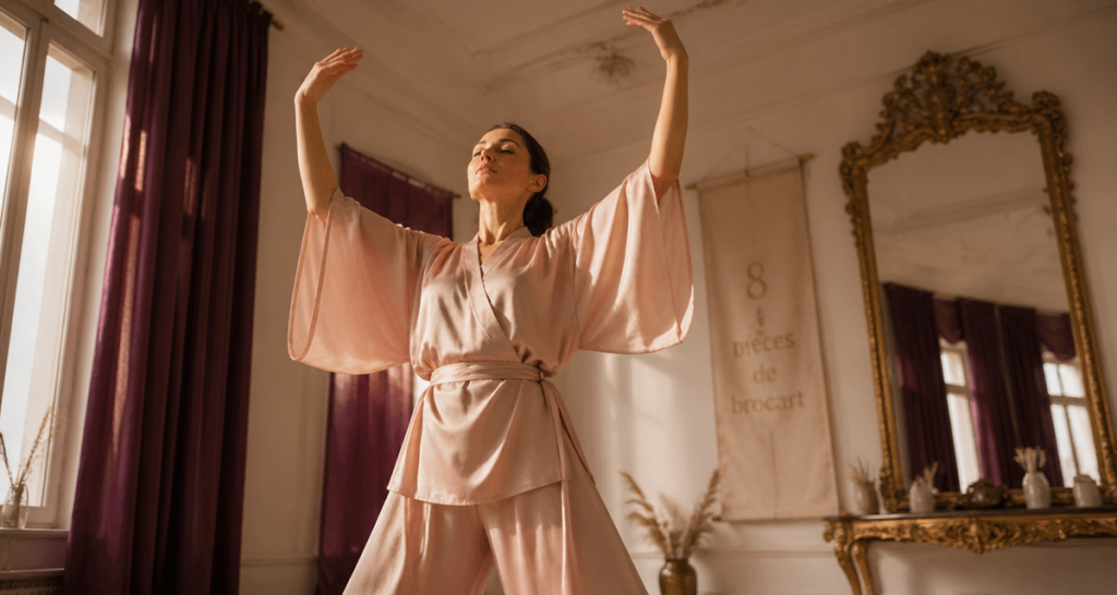 Les 8 postures du qi gong Soutenir le ciel femme bras levés
