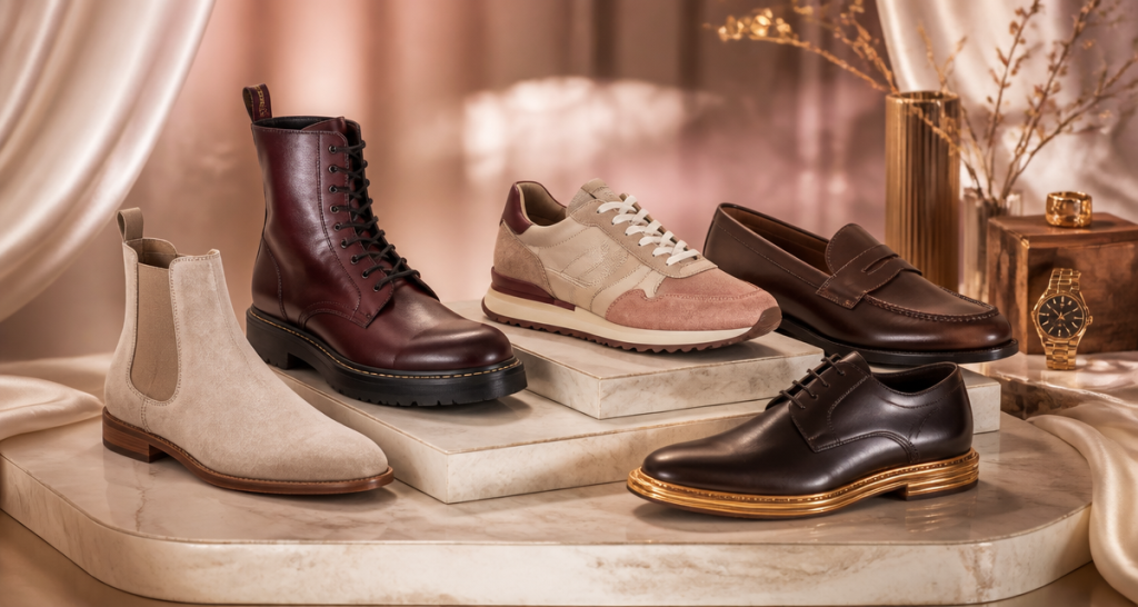 chaussure homme tendance 2025 sur podium marbre accessoires luxe