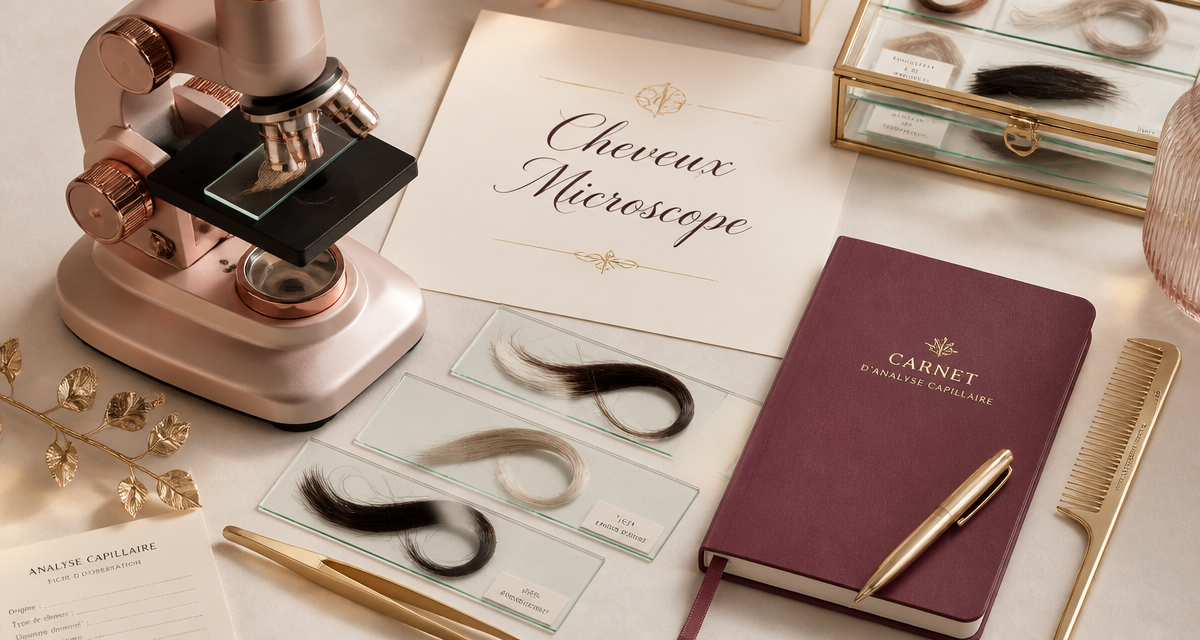 cheveux microscope sur table élégante avec mèches et outils