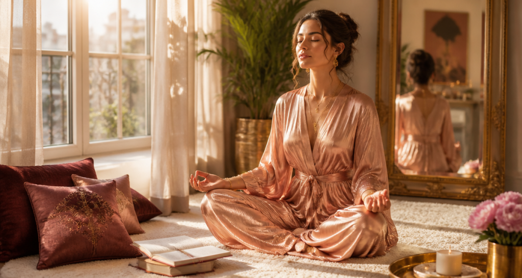 Elevation spirituelle femme méditant intérieur luxe