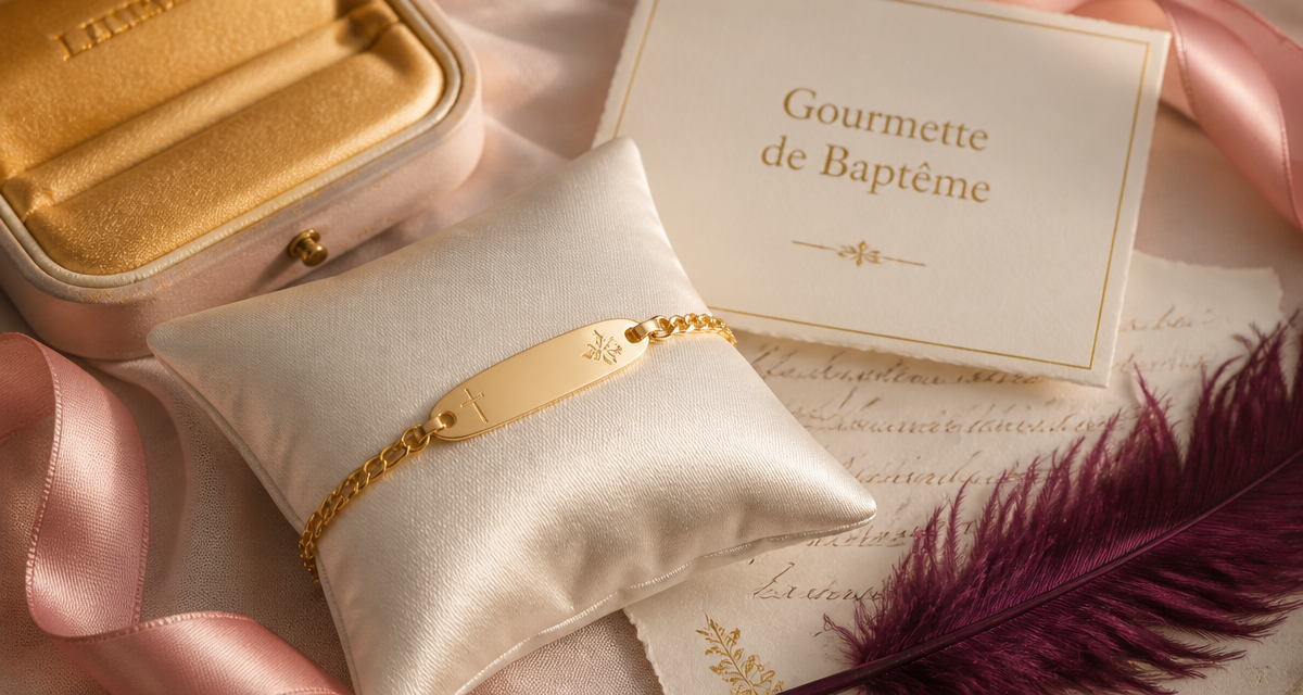 gourmette pour bapteme en or jaune flat lay