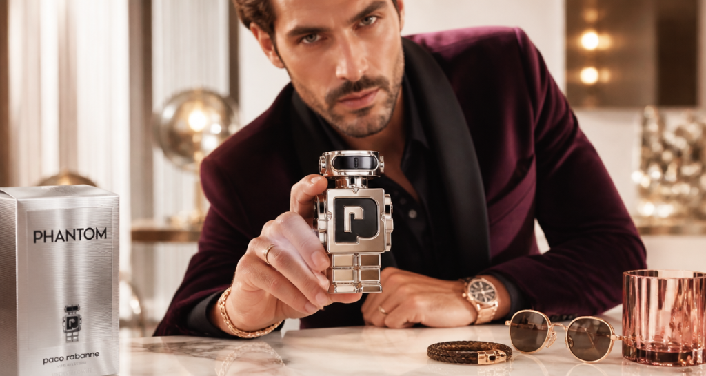 parfum phantom homme flacon robot chromé sur table marbre