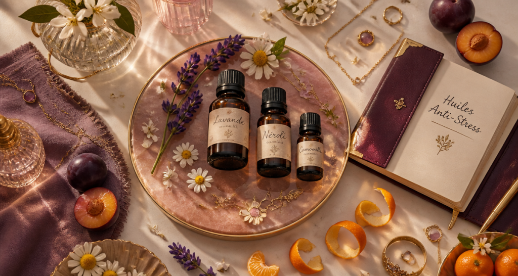 quelle huile essentielle pour le stress et l'anxiété, flacons, fleurs, carnet