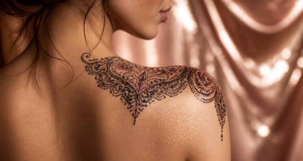 tatouage épaule femme dentelle ornemental noir prune