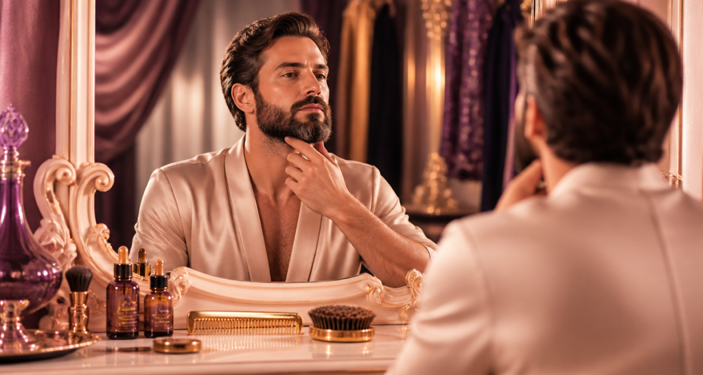 barbe style homme devant miroir vintage