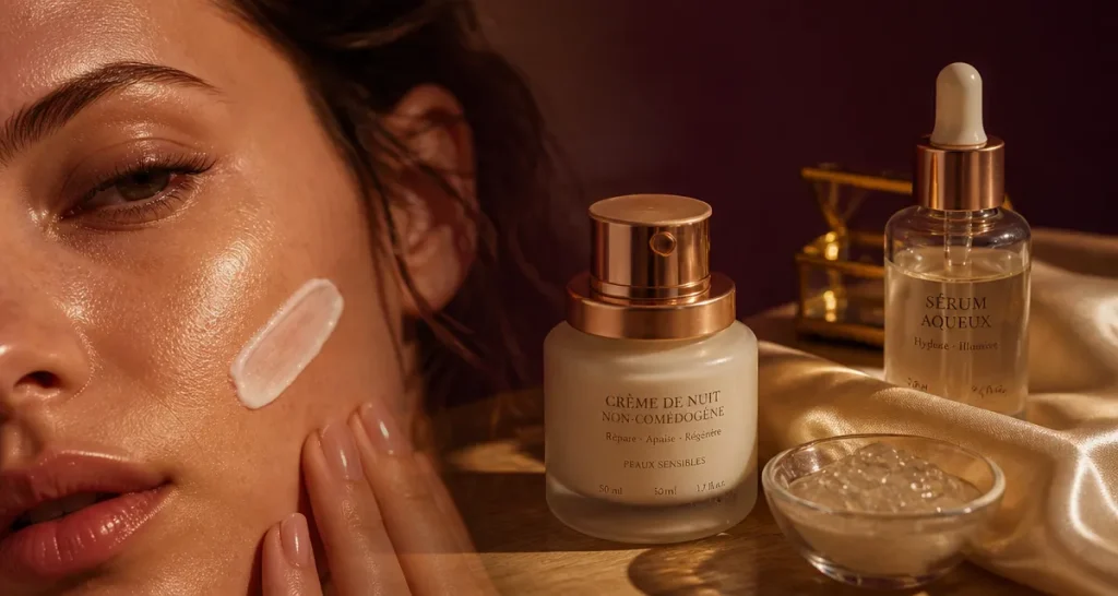 Crème de nuit peau grasse : flacon et gel, anti-brillance, pores visibles.