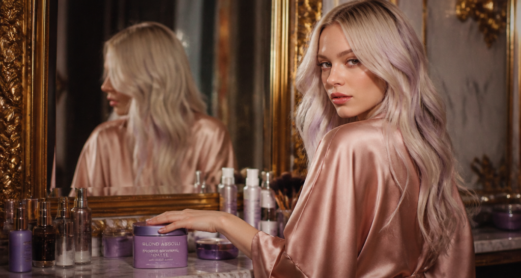 Décoloration cheveux violet sur blond polaire devant miroir