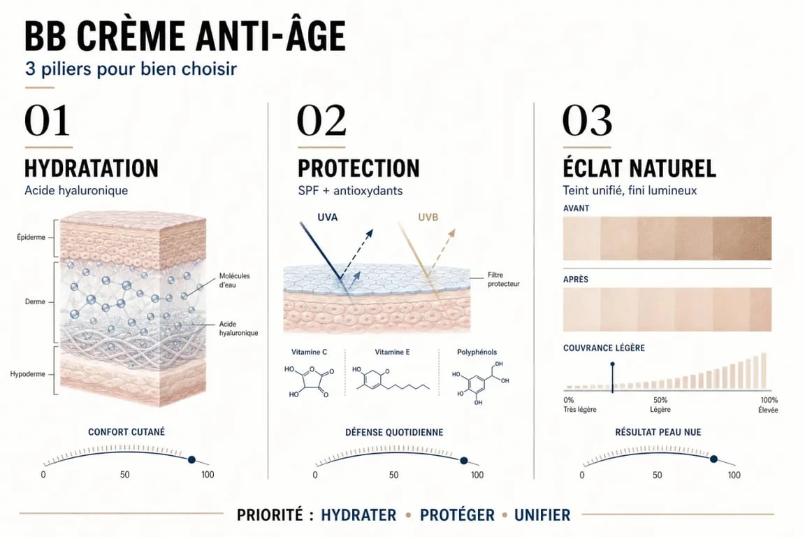 Infographie sur les critères de choix de la meilleure BB crème anti-âge pour peaux matures