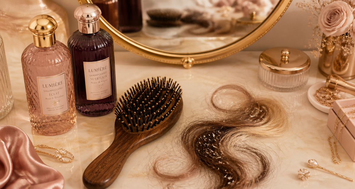 meilleur shampoing anti pelliculaire flat lay brosse cheveux pellicules
