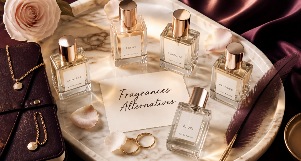 parfums generiques flacons minimalistes plateau marbre