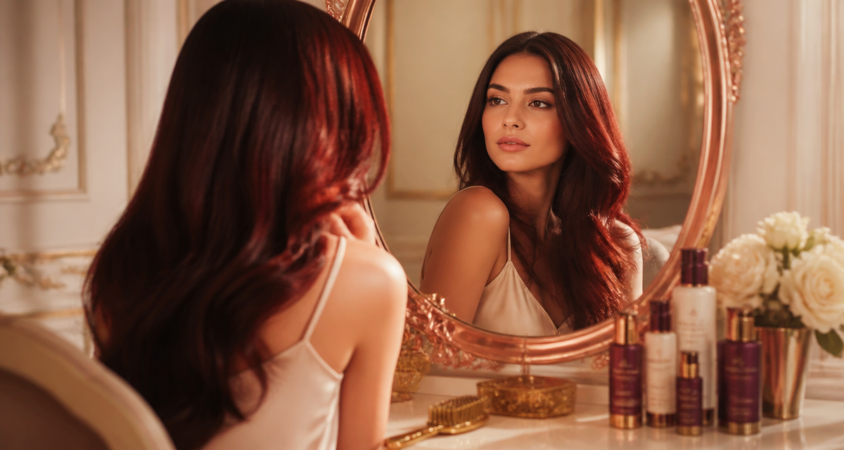 Reflets rouge cheveux femme brune miroir