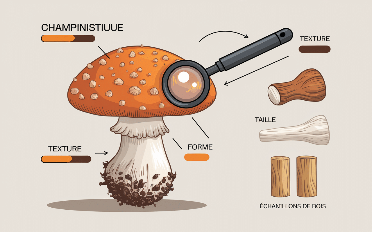 infographie etapes identification champignon orange sur bois mort