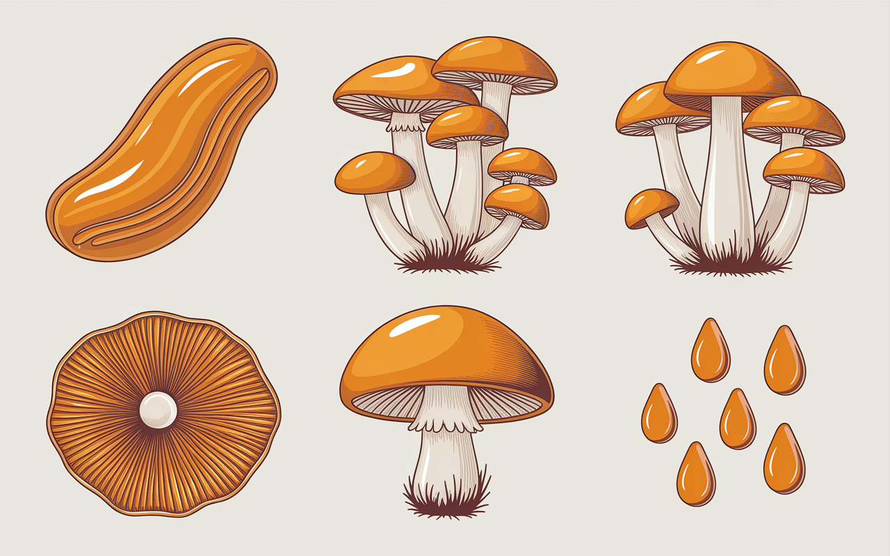 illustration botanique champignons orange sur bois mort differents types