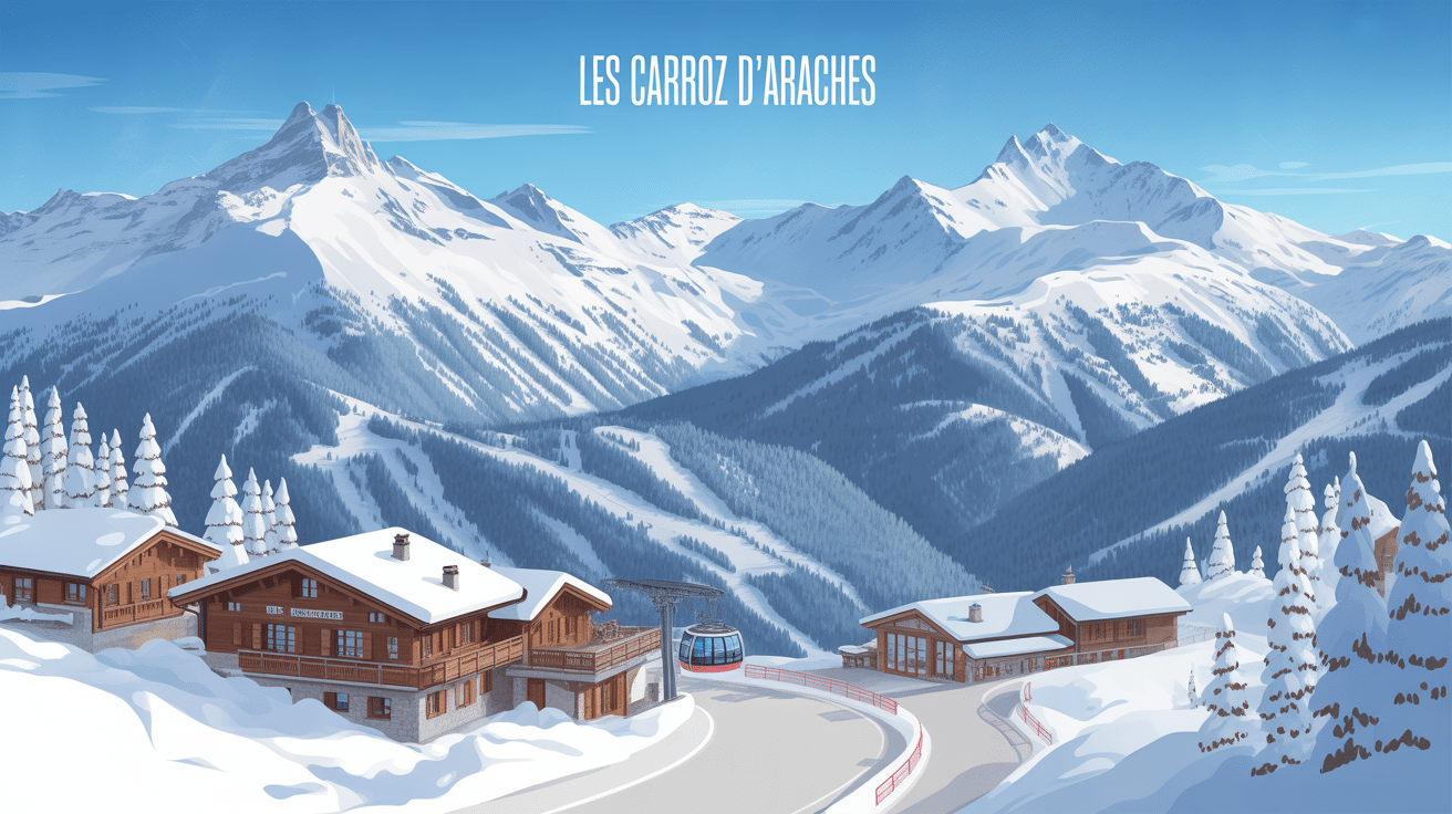 Vue panoramique station de ski les Carroz d'Araches chalets pistes enneigées