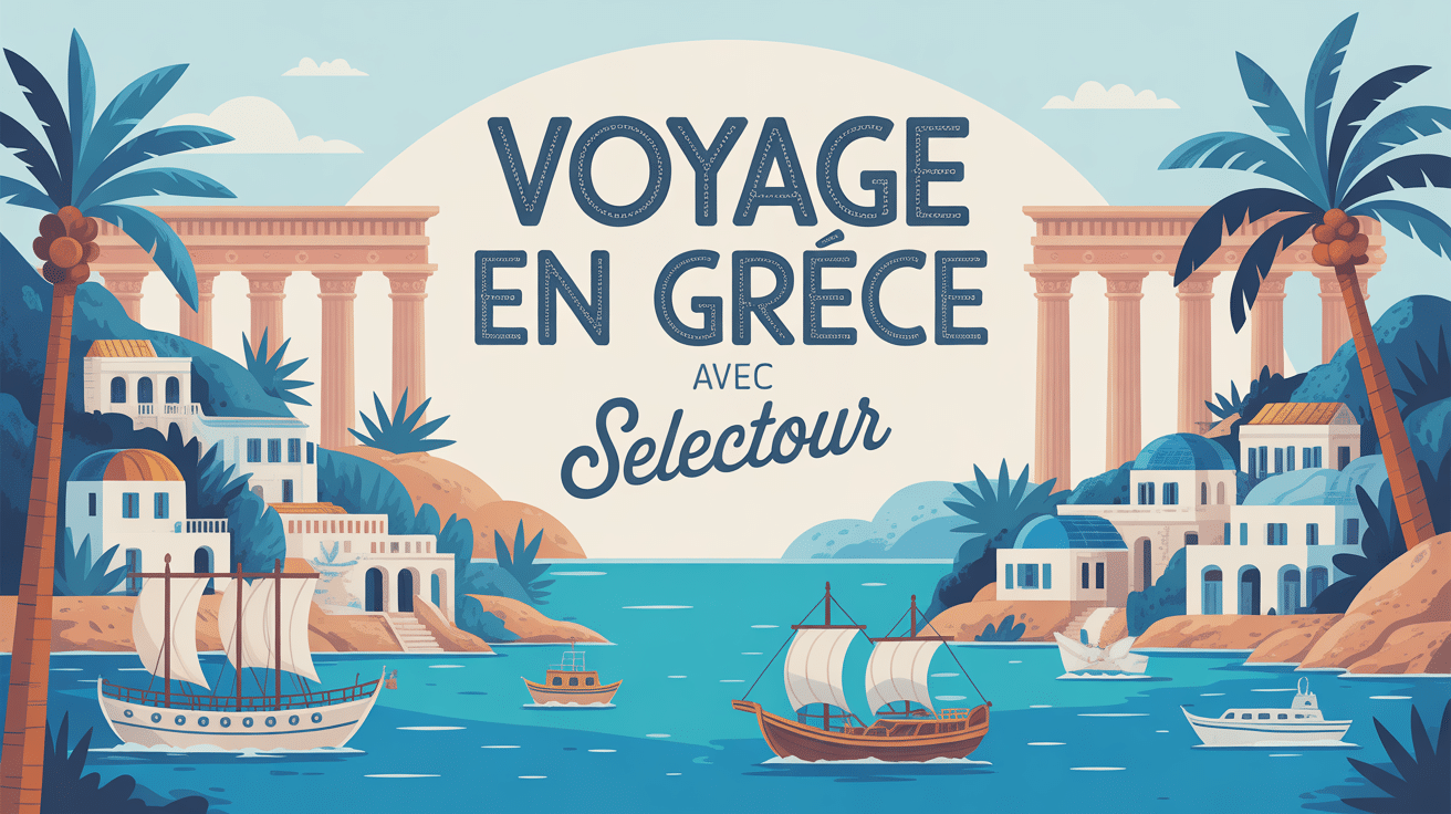 Illustration stylisee voyage Grece avec Selectour maisons blanches et bleues