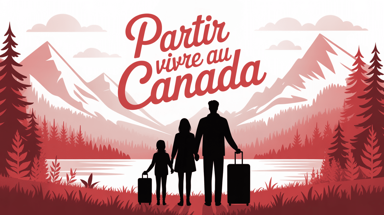 Famille avec valises devant paysage canadien