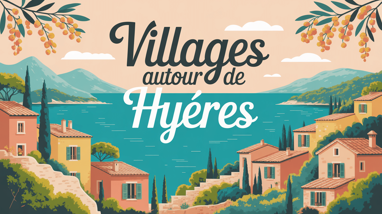 Illustration paysage du plus beau village autour de Hyères avec mer et mimosas