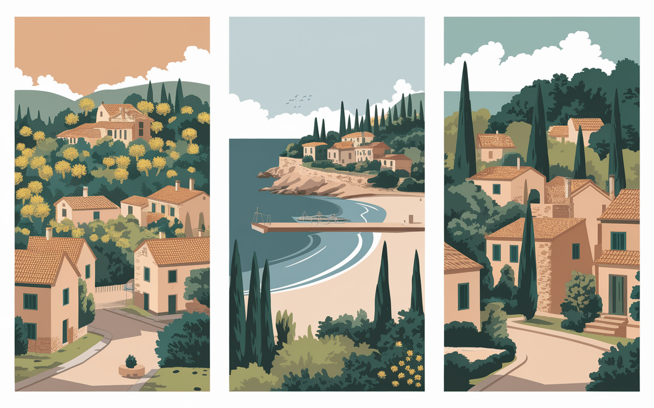 Vue des plus beaux villages autour de Hyères avec mimosas et toits rouges