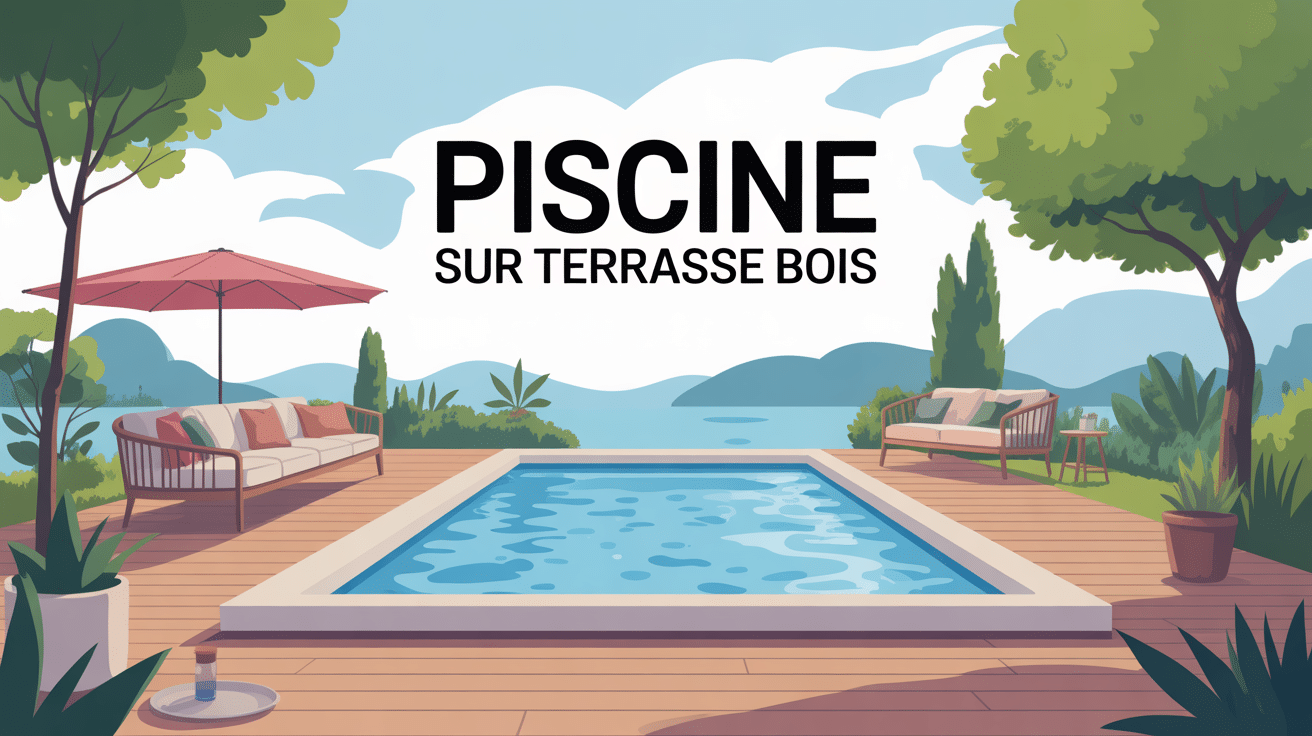Illustration piscine sur terrasse bois moderne et conviviale