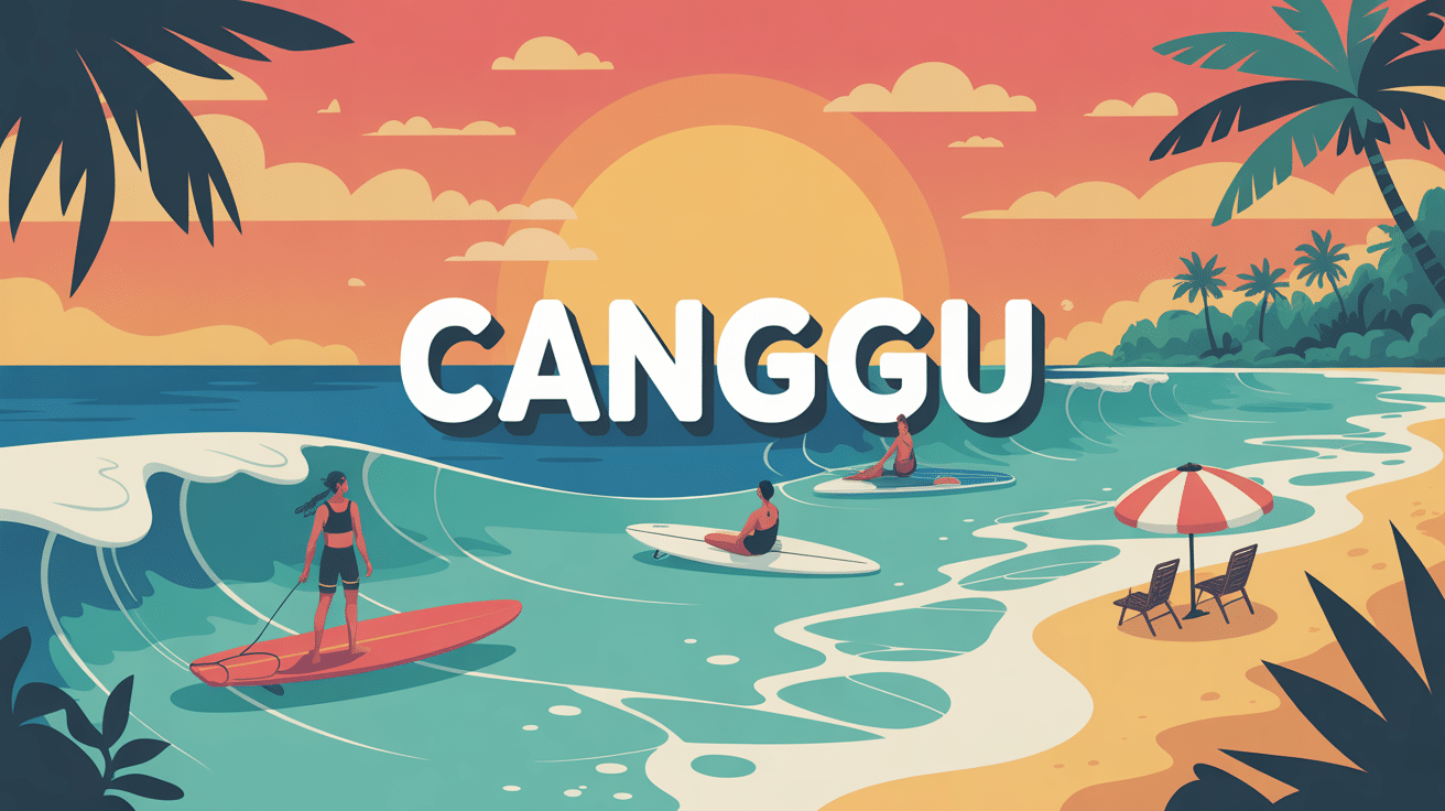 Canggu illustration surf plage rizières cafés