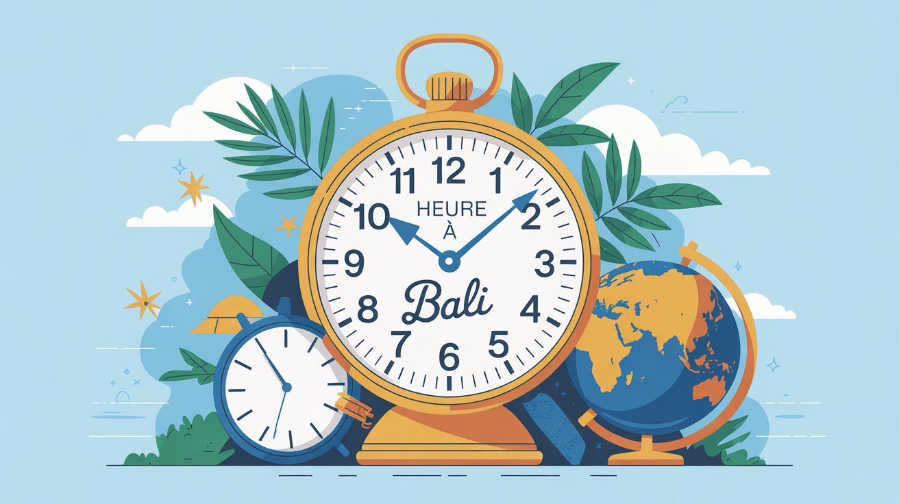 Illustration décalage horaire Bali France, montre et carte, heure Bali