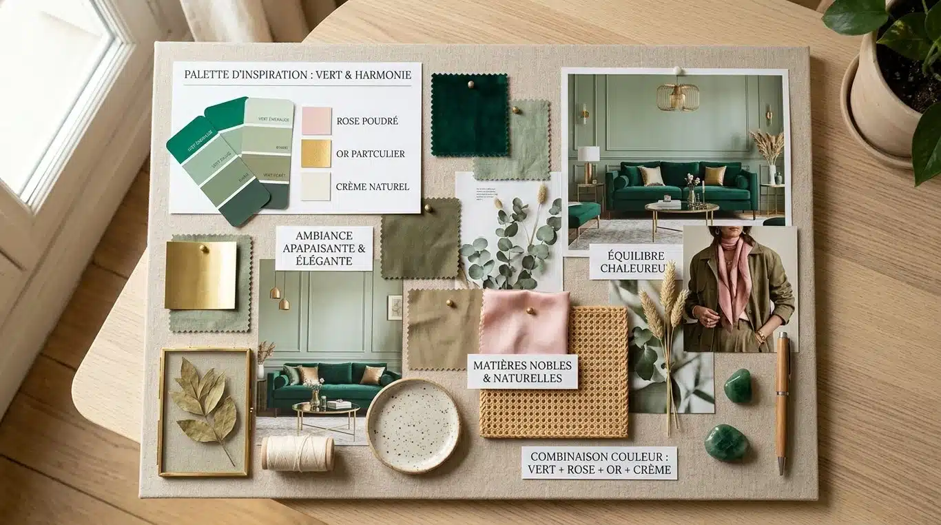 Palette de couleurs harmonieuses associant le vert à des tons complémentaires pour la mode et la décoration